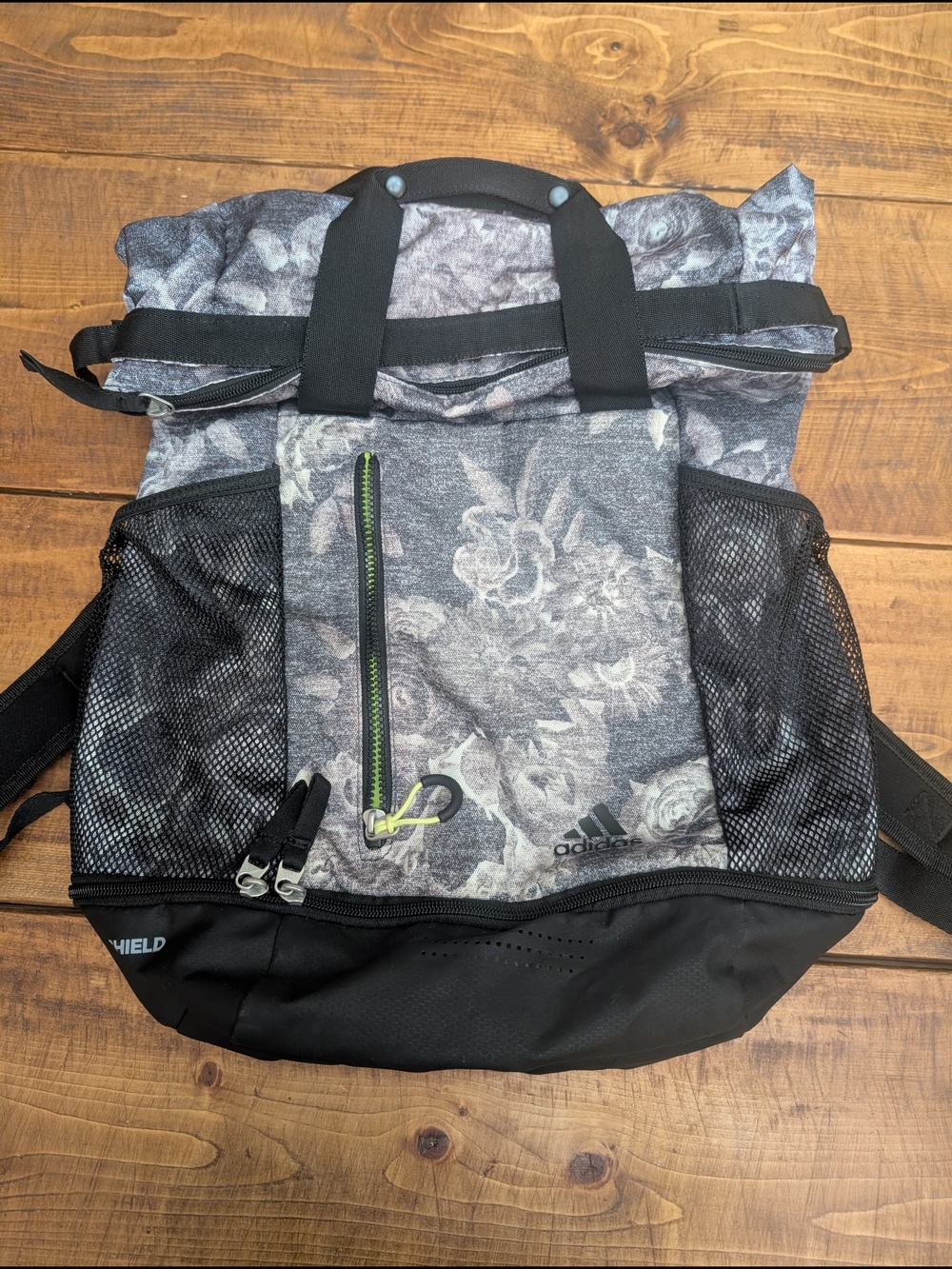 adidas Gray Floral Roll-Top Backpack with Black Base